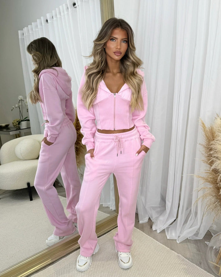 Damen Zweiteiler aus Sweat mit Cropped Kapuzenjacke und High-Waist Jogginghose Drune