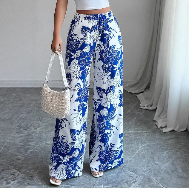 Damen Hochtaillierte Palazzohose mit floralem Design und seitlichen Taschen Drune