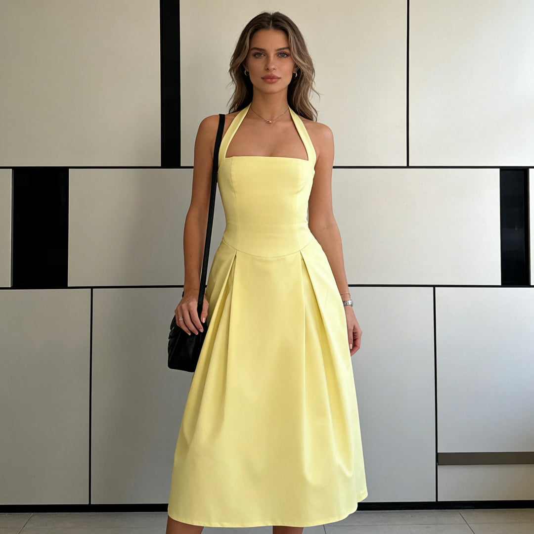 Damen Elegantes Midikleid mit tiefem V-Ausschnitt und stilvollem Faltenrock Drune