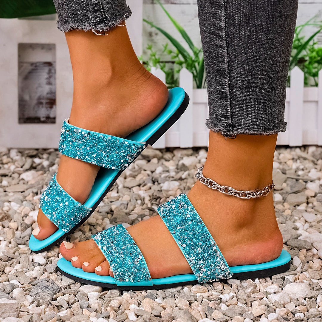Damen Glitzernde Slides mit breiten Riemen Drune