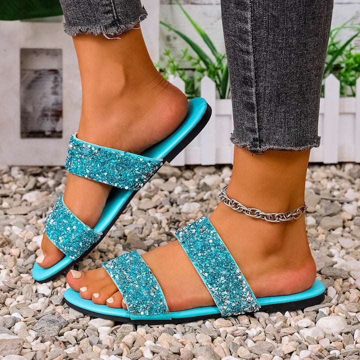 Damen Glitzernde Slides mit breiten Riemen Drune