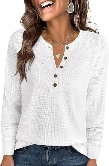 Damen Waffelstrick-Henley-Longsleeve mit Knopfleiste, Raglanärmeln und gerippten Bündchen Drune