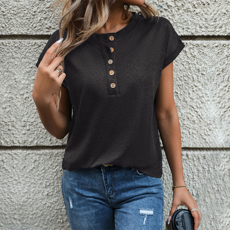 Damen Kurzarm-T-Shirt mit Knopfleiste Drune