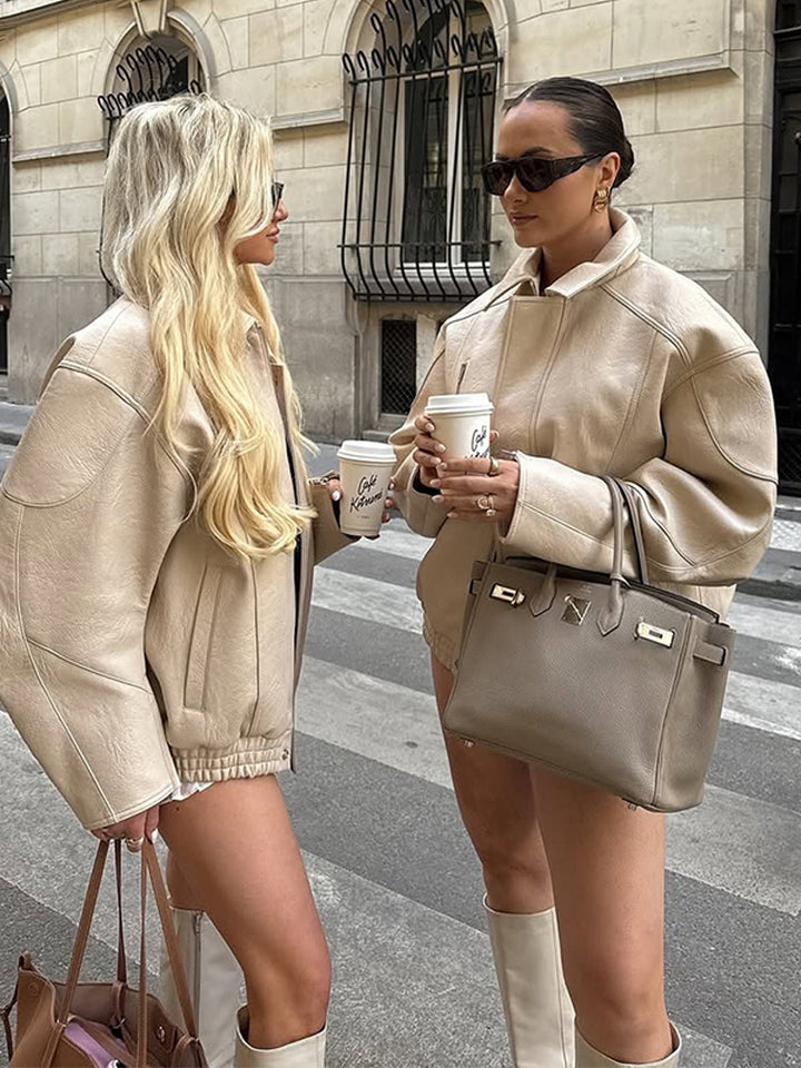 Damen Oversize-Lederimitat-Fliegerjacke mit Teddy-Innenseite, sichtbaren Nahtdetails & elastischem Saum Drune