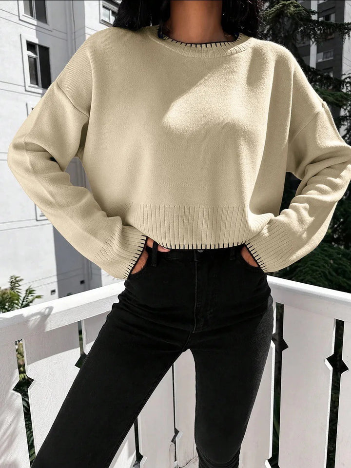 Damen lässiger Crop-Pullover mit feiner Rippstruktur und weitem Schnitt Drune