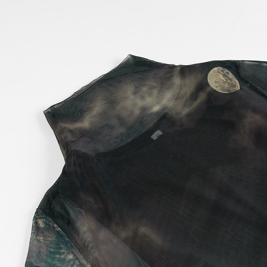 Damen nan langes Mesh-Maxikleid mit langen Ärmeln, hohem Rundhalsausschnitt und mystischem Mondprint Drune