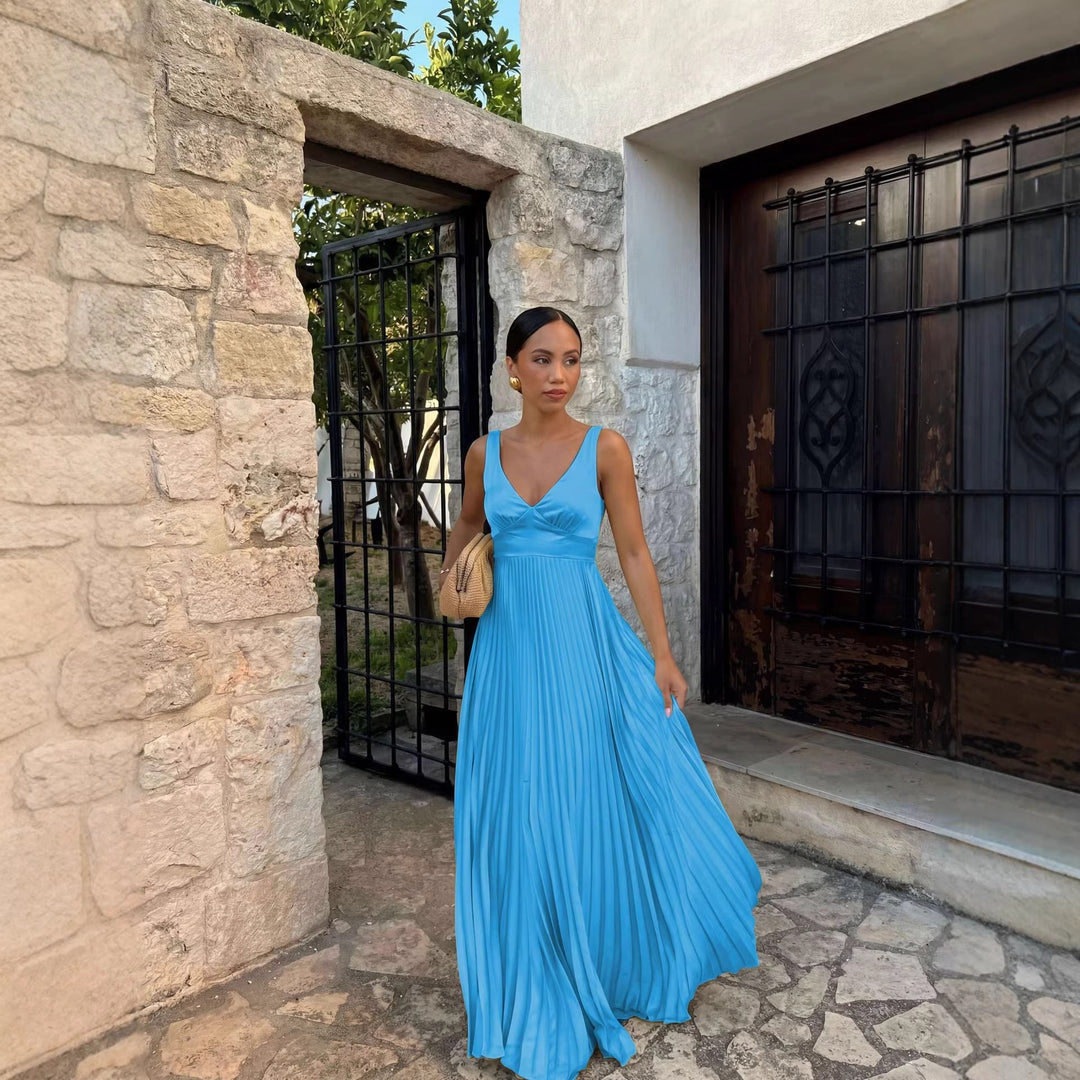 Damen Plisseekleid mit tiefem V-Ausschnitt und eleganter Silhouette Drune