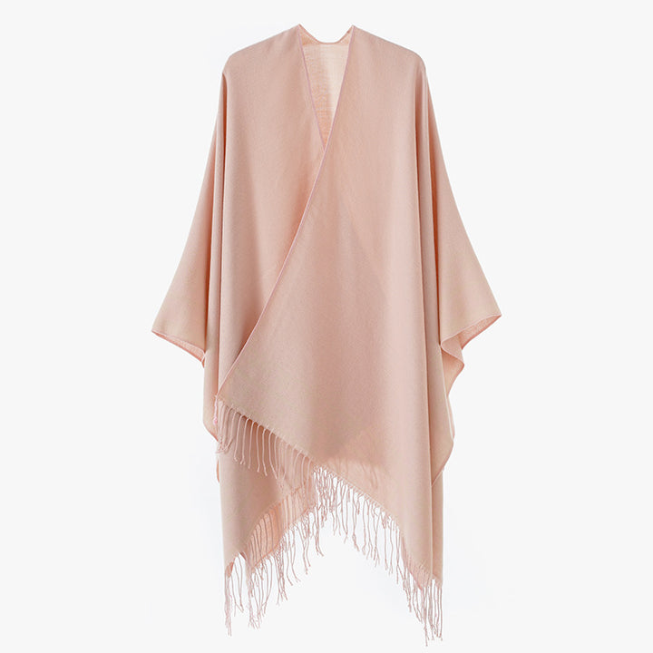 Damen Überwurfponcho aus Wollmix mit dezentem Jacquardbordüren‑Muster und Fransensaum Drune