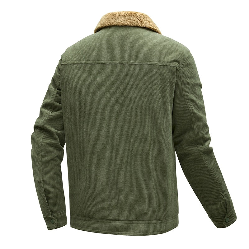 Herren Kordjacke mit Teddyfutter, Kunstfellkragen und Druckknopftaschen Drune