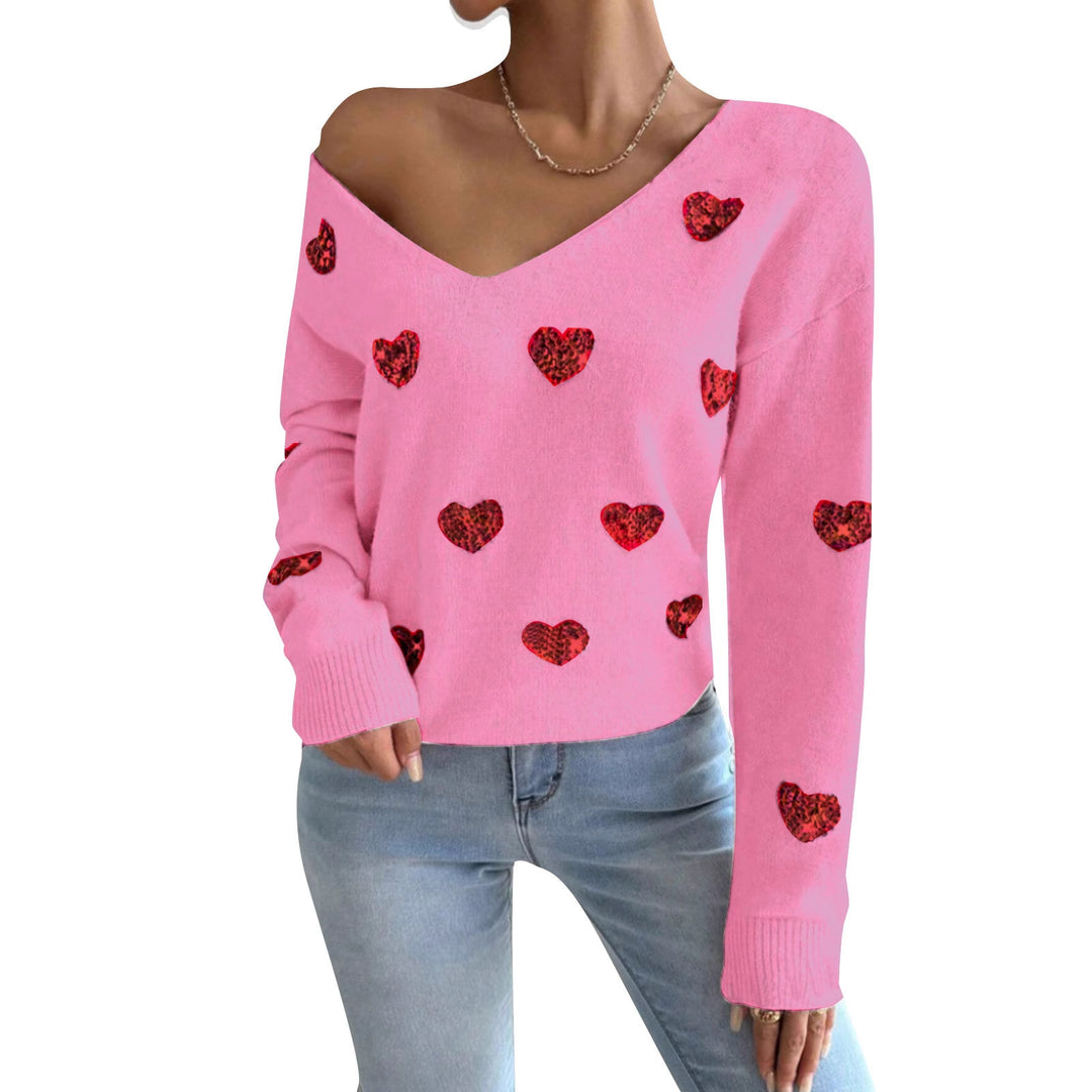 Damen Oversized Pullover mit tiefem V-Ausschnitt und Herzmotiv Drune