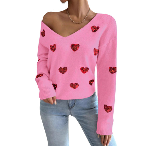 Damen Oversized Pullover mit tiefem V-Ausschnitt und Herzmotiv Drune