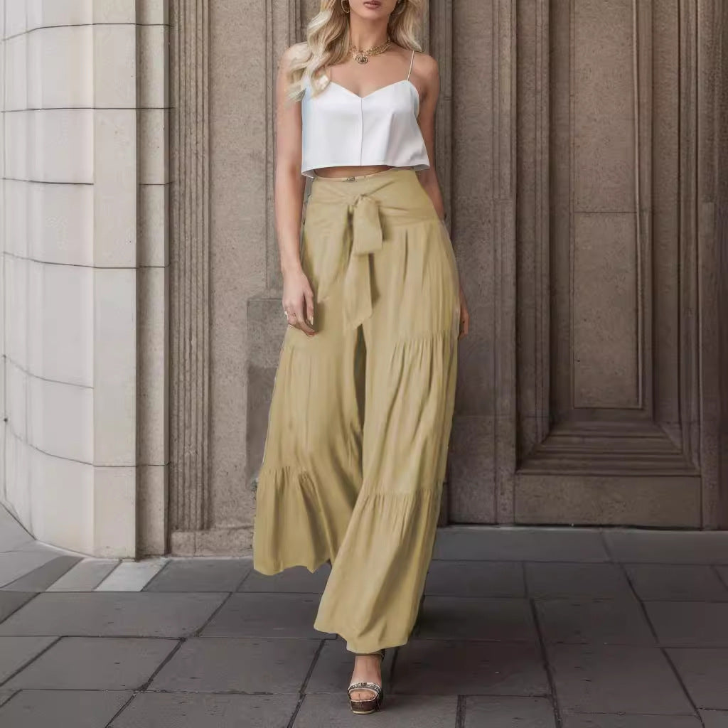 Damen weite High-Waist Hose mit eleganten Falten und Bindegürtel Drune