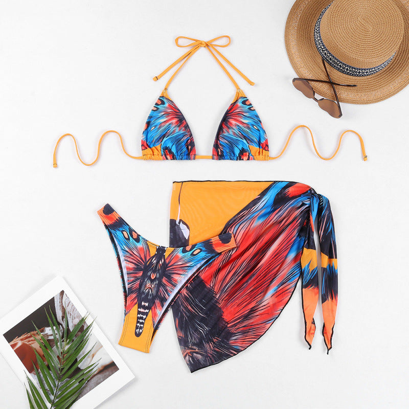 Damen Triangel-Bikini mit verspieltem Wickeldetail und buntem Tropenmotiv Drune