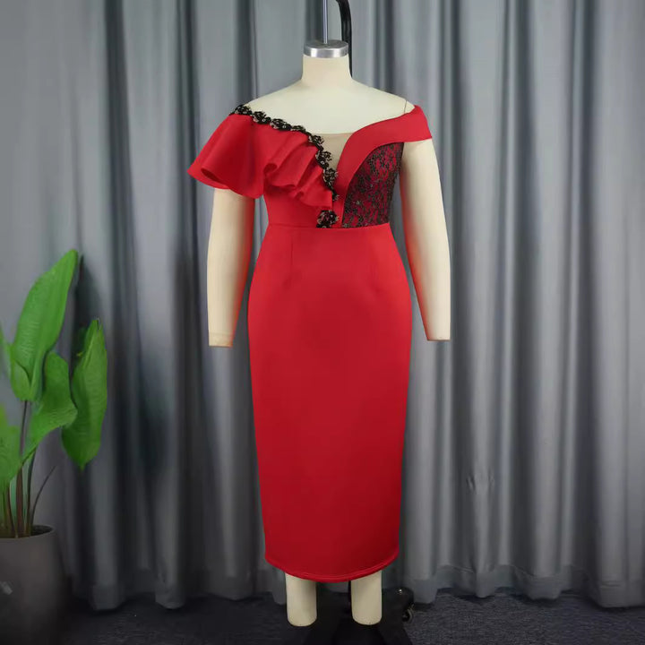 Damen Elegantes Figurbetontes Kleid mit asymmetrischem Design und Rüschendetails Drune