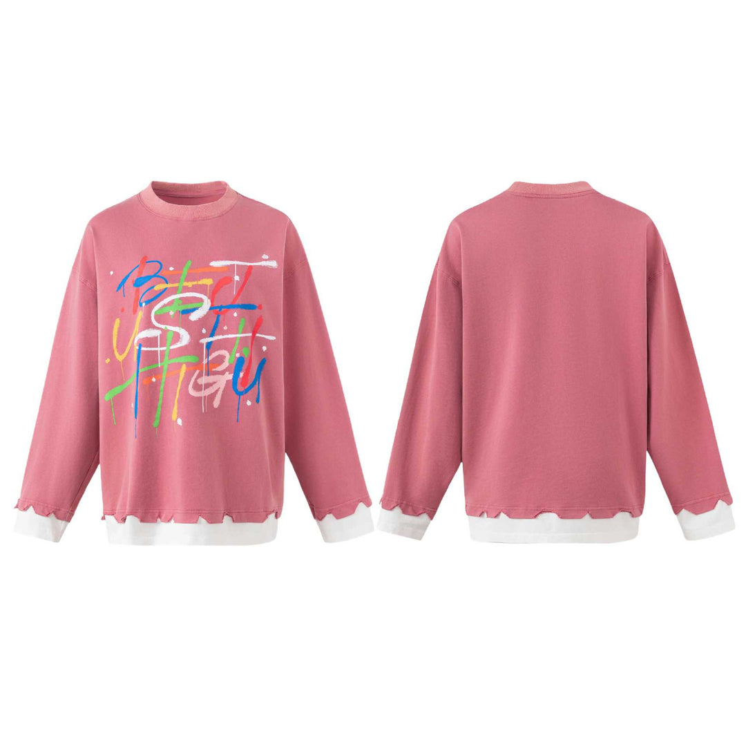 Damen Oversize-Sweatshirt mit Graffiti-Print, Wellensaum und Lagenlook Drune
