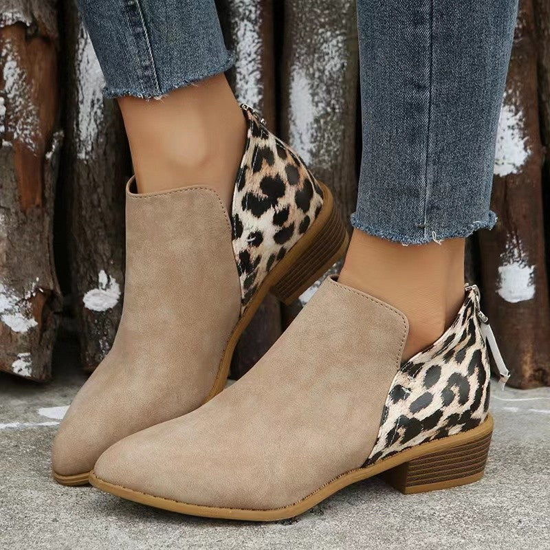 Damen Kurzschaft-Ankleboots mit spitzer Vorderkappe, Leoparden-Fersen und verdecktem Reißverschluss Drune