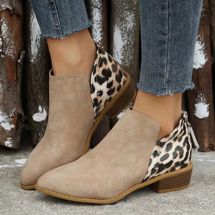 Damen Kurzschaft-Ankleboots mit spitzer Vorderkappe, Leoparden-Fersen und verdecktem Reißverschluss Drune