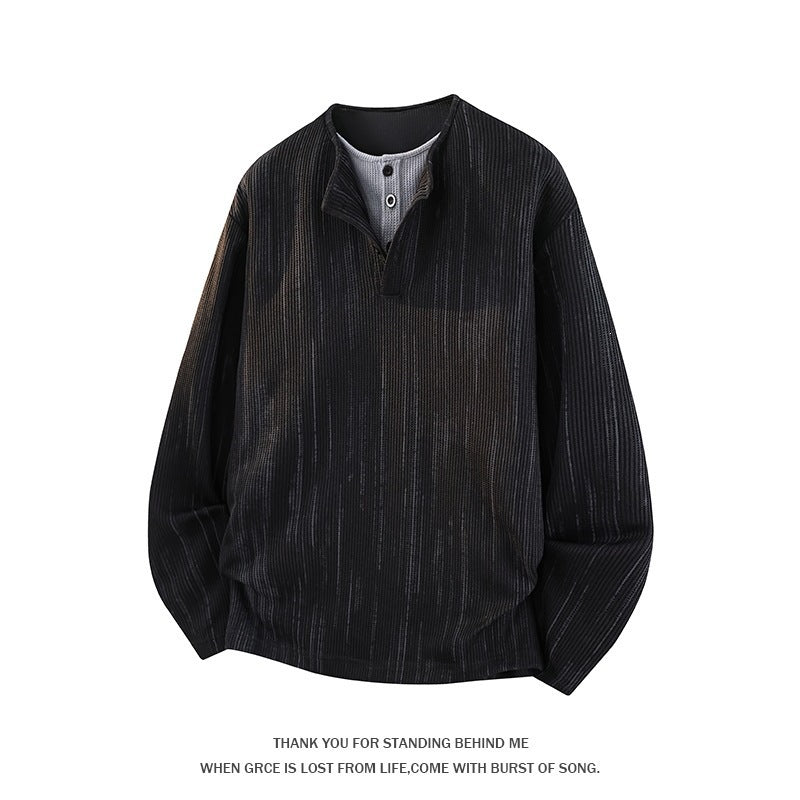 Herren Oversize Strickpullover mit Henley-Ausschnitt und feiner Strukturstreifen Drune