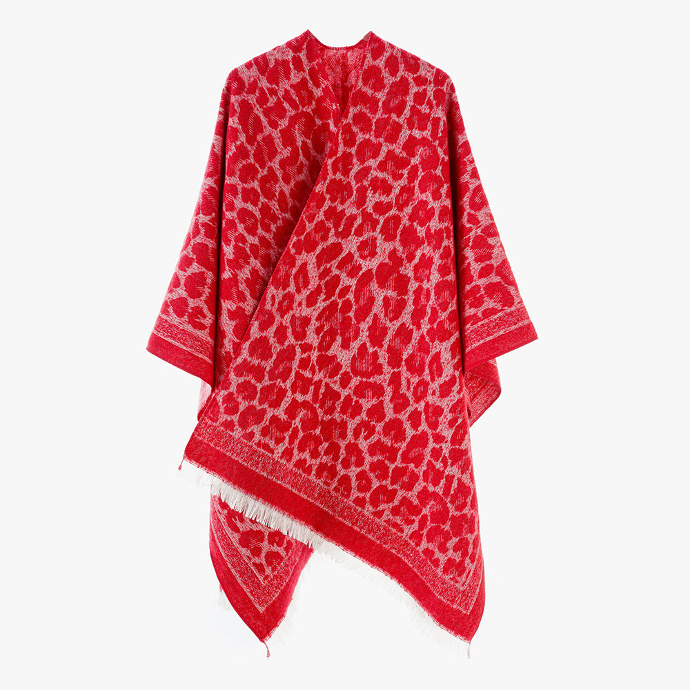 Damen Jacquard-Capeponcho mit Leo-Struktur und Fransensaum Drune