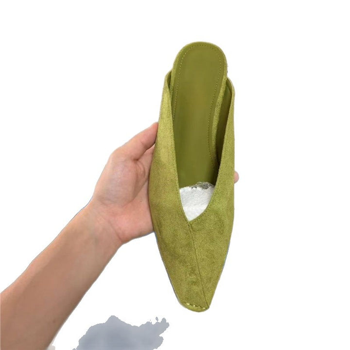 Damen Spitz zulaufende Wildleder‑Mules mit V‑Ausschnitt und flacher Komfortsohle Drune