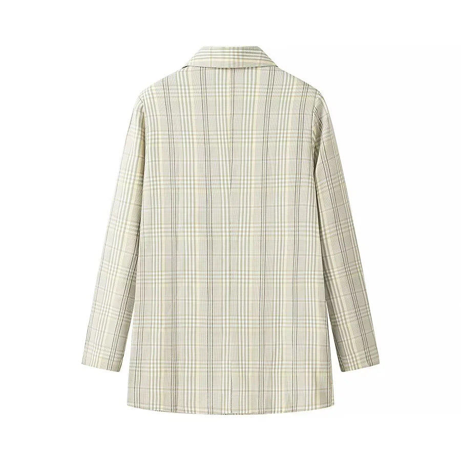 Damen nan oversized karierten zweireihigen Blazer mit Reverskragen und Pattentaschen Drune