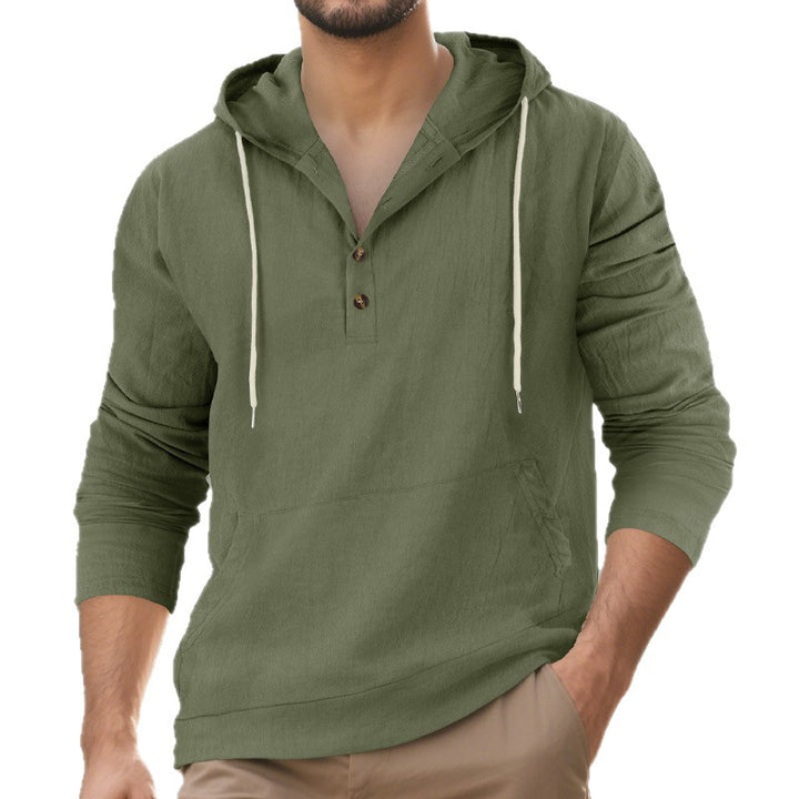 Herren nan Leinenoptik Henley-Kapuzenpullover mit Knopfleiste und Kängurutasche Drune