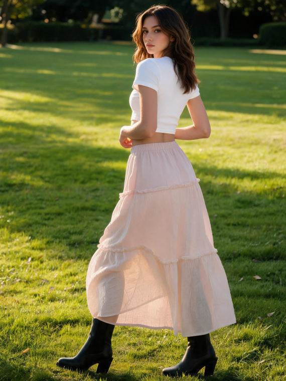 Damen Luftiger Stufenrock mit elastischem Bund und transparenter Chiffon‑Optik Drune
