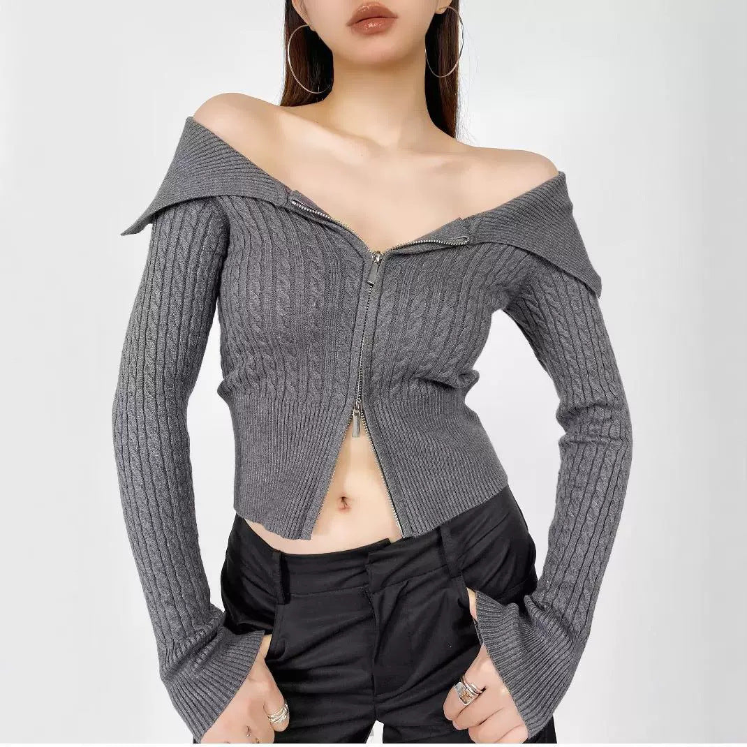 Damen modische Strickjacke mit weitem Kragen und Reißverschluss Drune