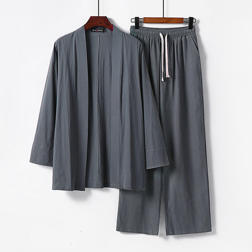 Herren Lockeres Kimono-Loungewear-Set aus leichter Baumwollmischung mit elastischer Kordelhose Drune