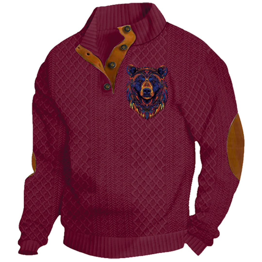Herren nan Heritage-Strukturpullover mit Stehkragen Lederimitat-Besatz Ellenbogen-Patches und Halbknopfleiste Drune