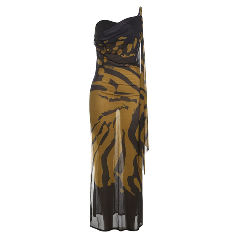 Damen Elegantes ärmelloses Maxikleid mit asymmetrischem Schnitt und tierischem Muster Drune