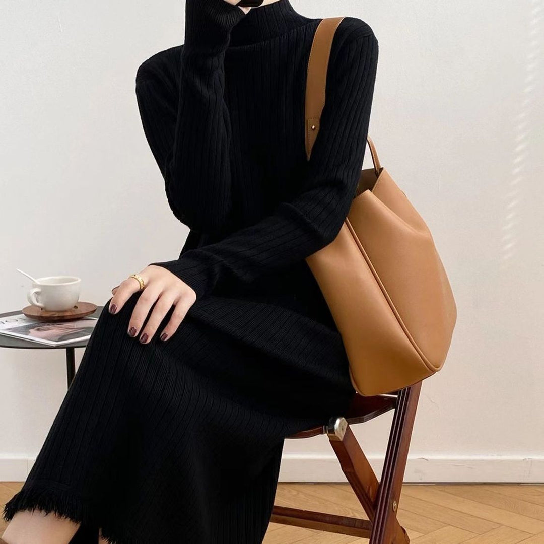Damen Langarm Strickkleid mit strukturiertem Rippdesign und flauschigem Saum Drune
