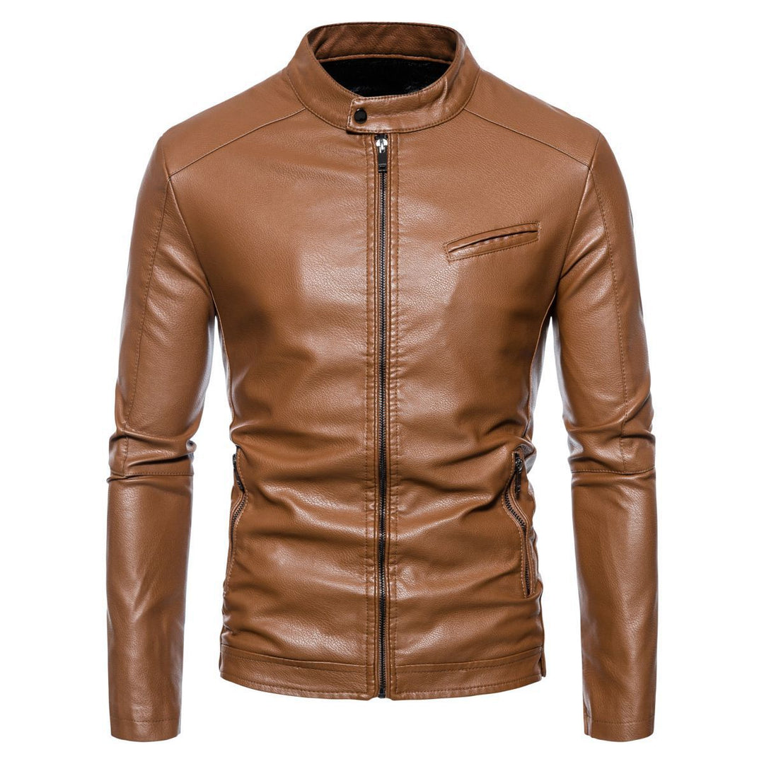 Herren Schmale Kunstleder-Bikerjacke mit Stehkragen, Innenfutter aus Kunstfell und Reißverschlusstaschen Drune