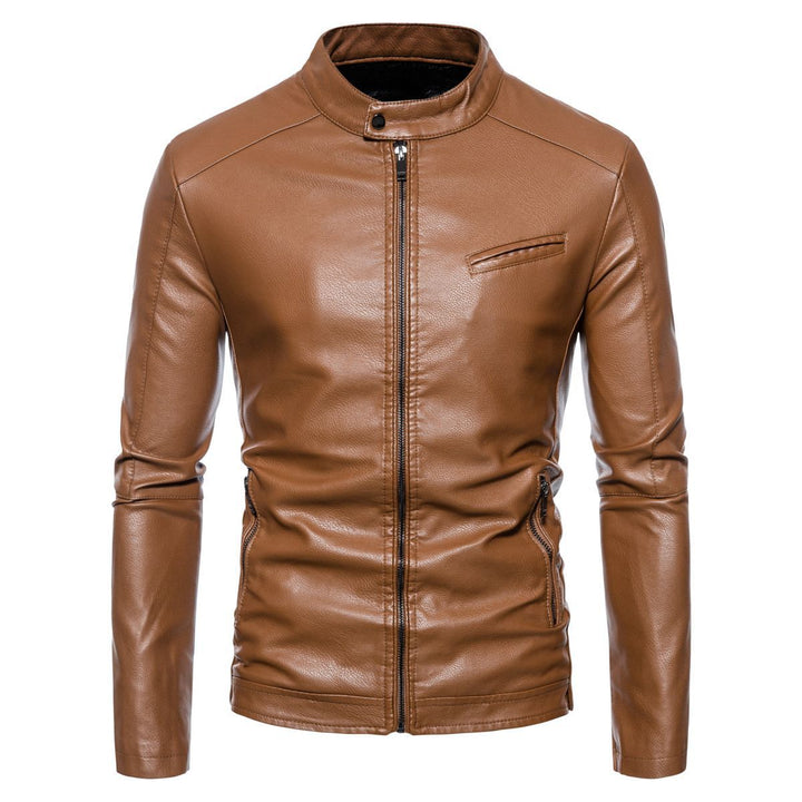 Herren Schmale Kunstleder-Bikerjacke mit Stehkragen, Innenfutter aus Kunstfell und Reißverschlusstaschen Drune