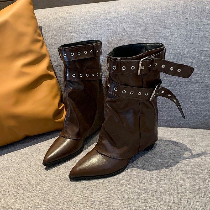 Damen Wadenhohe Wildleder-Slouch-Stiefel mit spitzer Zehenpartie und Zierschnallen Drune
