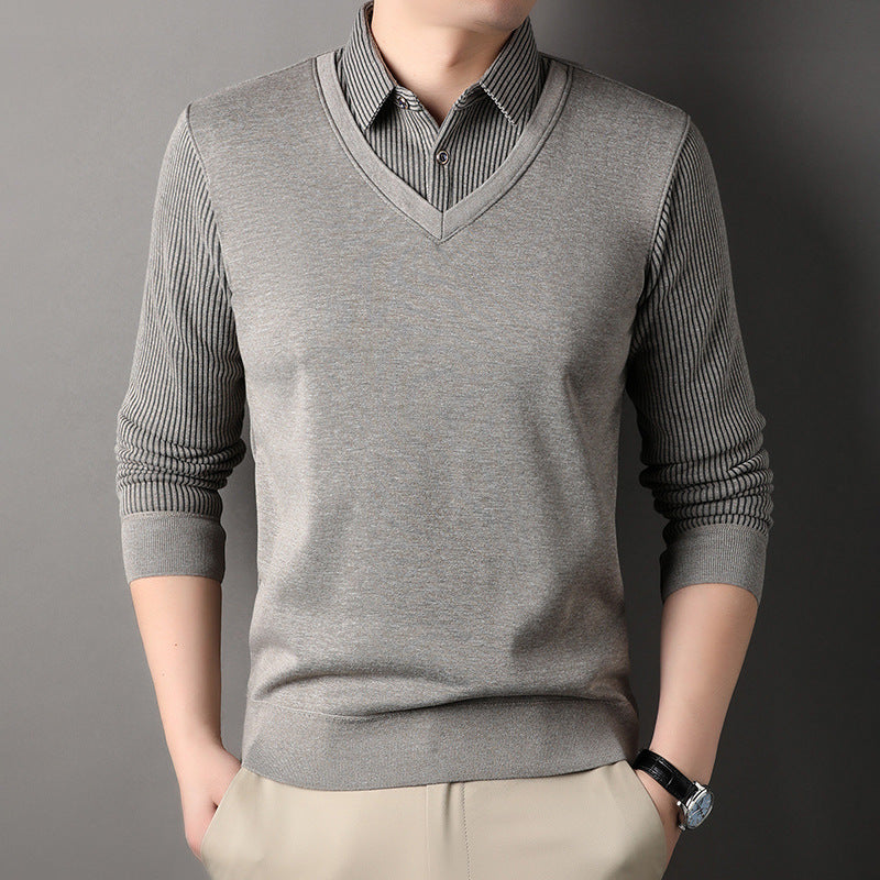 Herren Feinstrick-Pullover mit V-Ausschnitt und Hemdkragen-Optik Drune