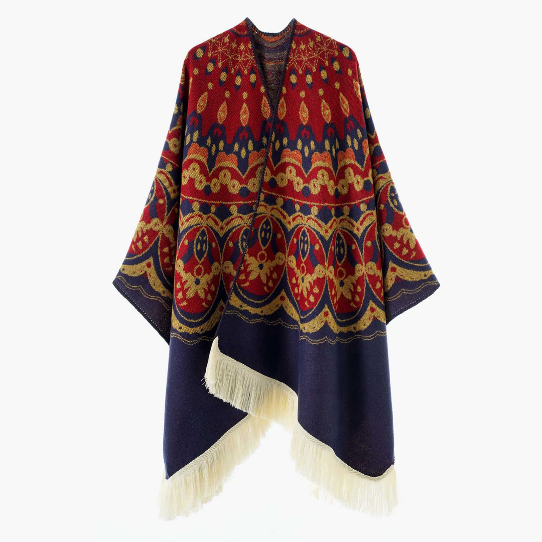 Damen Gewebter Jacquard-Poncho mit V-Ausschnitt, Ethno‑Print und Fransen Drune