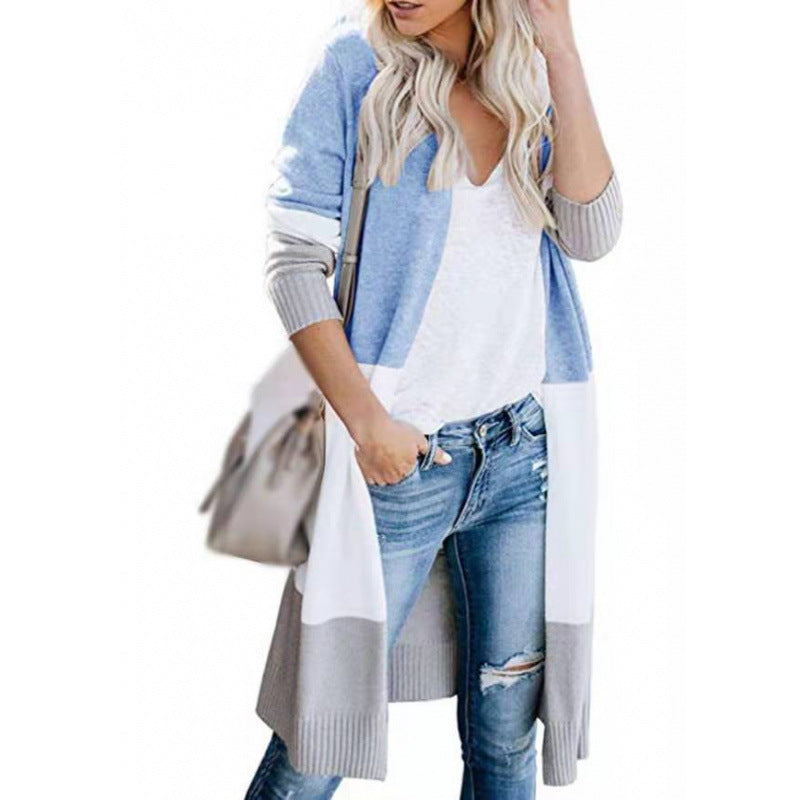 Damen lässiger Strickcardigan mit modernen Farbblockdetails und langen Ärmeln Drune
