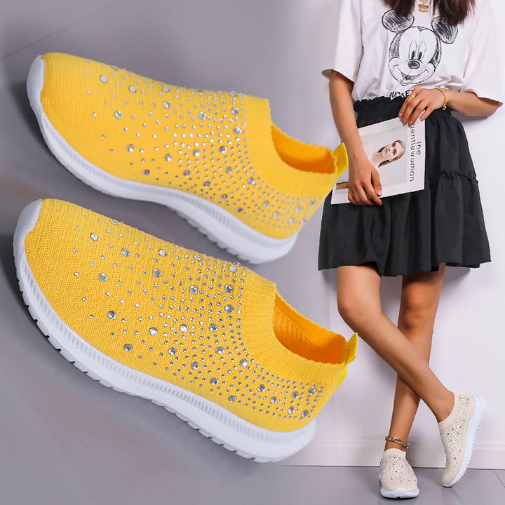 Damen nan gestrickter Slip-On Sneaker mit Strassbesatz, elastischem Schaft und stoßdämpfender EVA-Sohle Drune