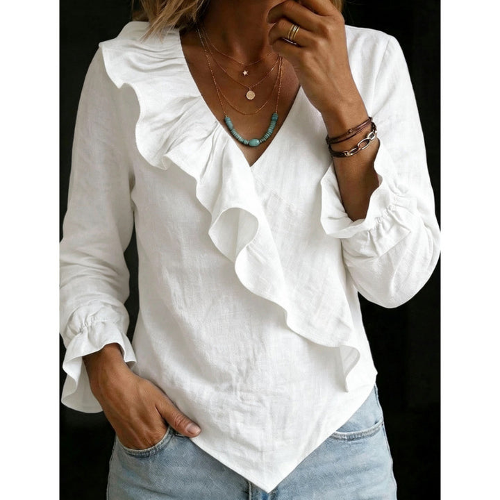 Damen Volant‑Bluse im Leinenlook mit Wickeloptik und asymmetrischem Zipfelsaum Drune