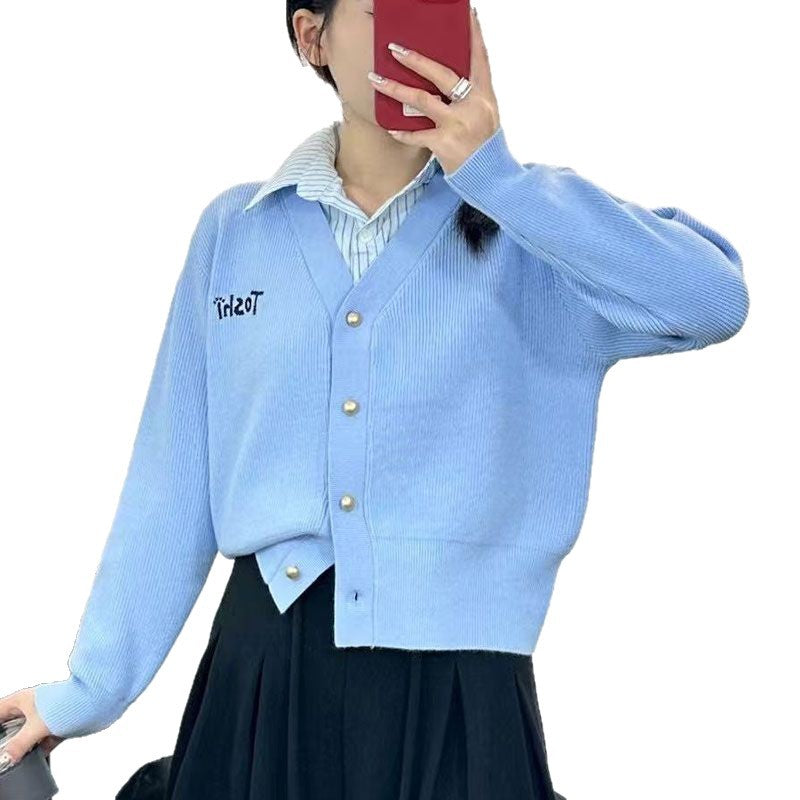 Damen lässige Strickjacke mit V-Ausschnitt und dekorativen Knöpfen Drune
