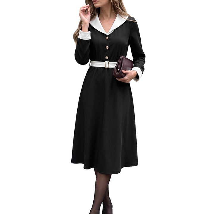 Damen Vintage-inspiriertes A-Linien Midikleid mit kontrastierendem Reverskragen, Taillengürtel und goldenen Zierknöpfen Drune