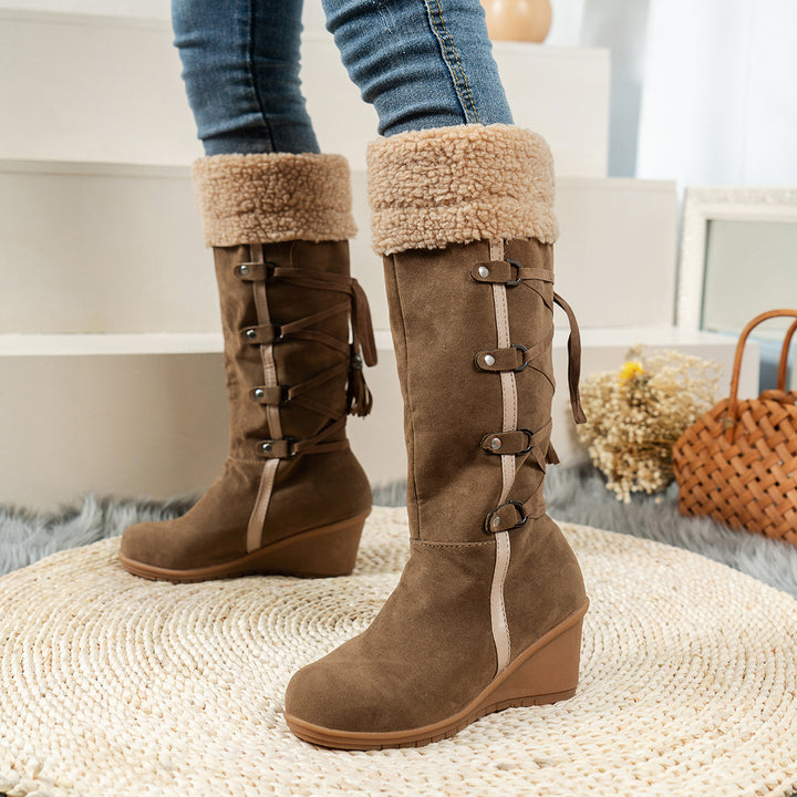Damen Wedge-Stiefel mit kuscheligem Innenfutter und modischem Schnürdesign Drune