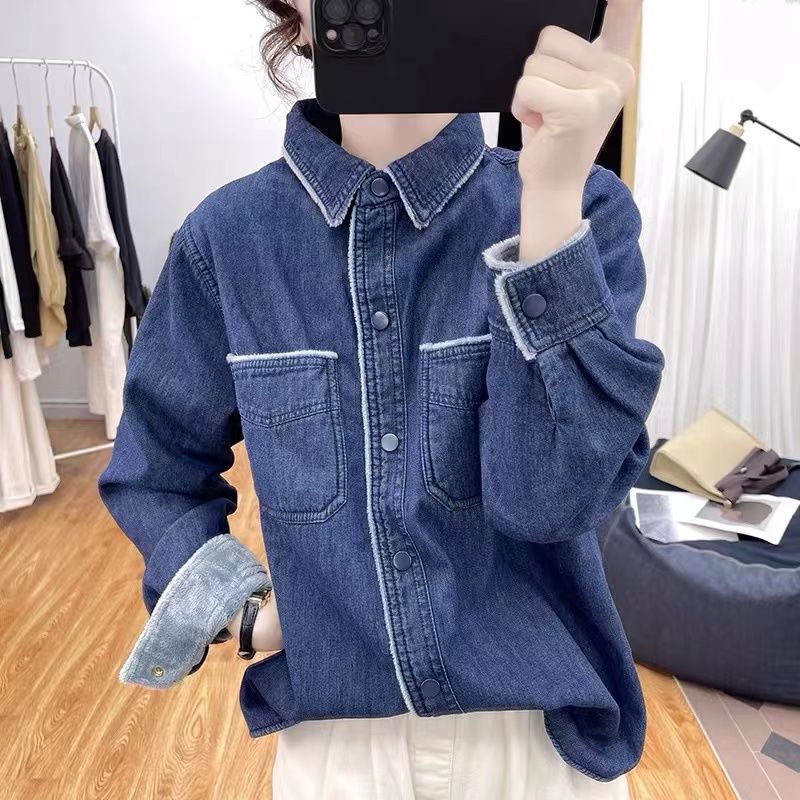 Damen lässige Denim-Bluse mit kontrastierendem Kragen Drune
