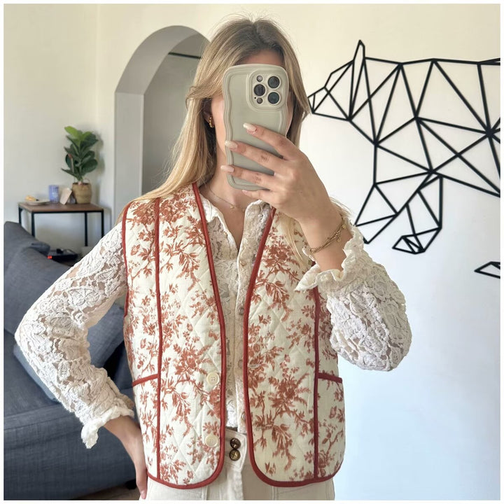 Damen Gesteppte Weste im Landhausstil mit floraler Toile‑Optik und Eingrifftaschen Drune