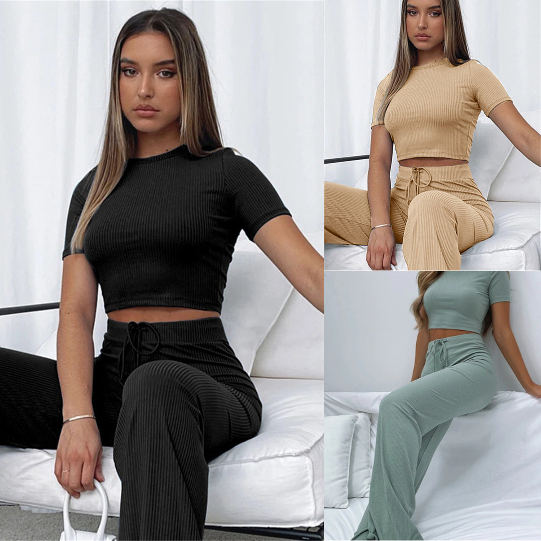 Damen Geripptes Crop-Set aus Stretch‑Jersey mit taillenhoher Kordel-Hose Drune