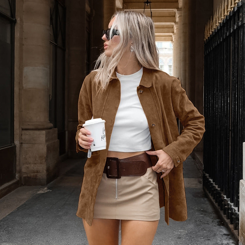 Damen Modische Wildlederjacke mit Druckknopfverschluss und praktischen Taschen Drune