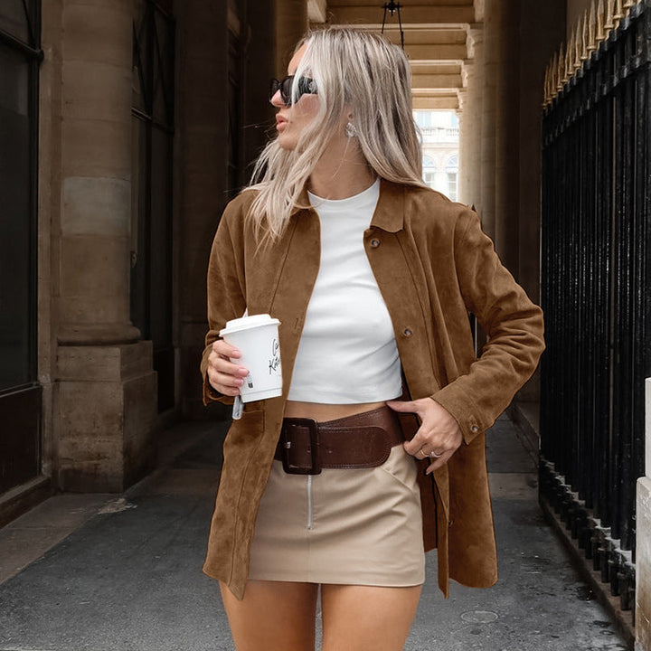Damen Modische Wildlederjacke mit Druckknopfverschluss und praktischen Taschen Drune