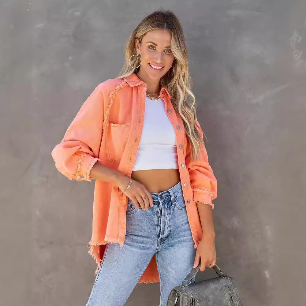 Damen nan oversized Hemdjacke im Used‑Look mit ausgefransten Kanten und aufgesetzten Pattentaschen Drune