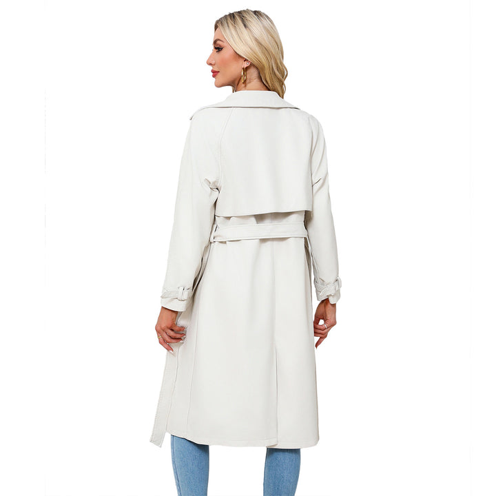 Damen nan langer taillierter Kunstleder-Trenchcoat mit Bindegürtel Drune